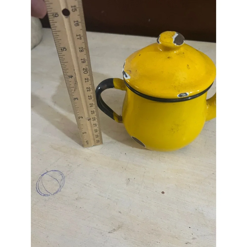 Vintage Yellow Enamelware Teapot Black Handle Rustic Farmhouse‎ Decor 5 Inch
